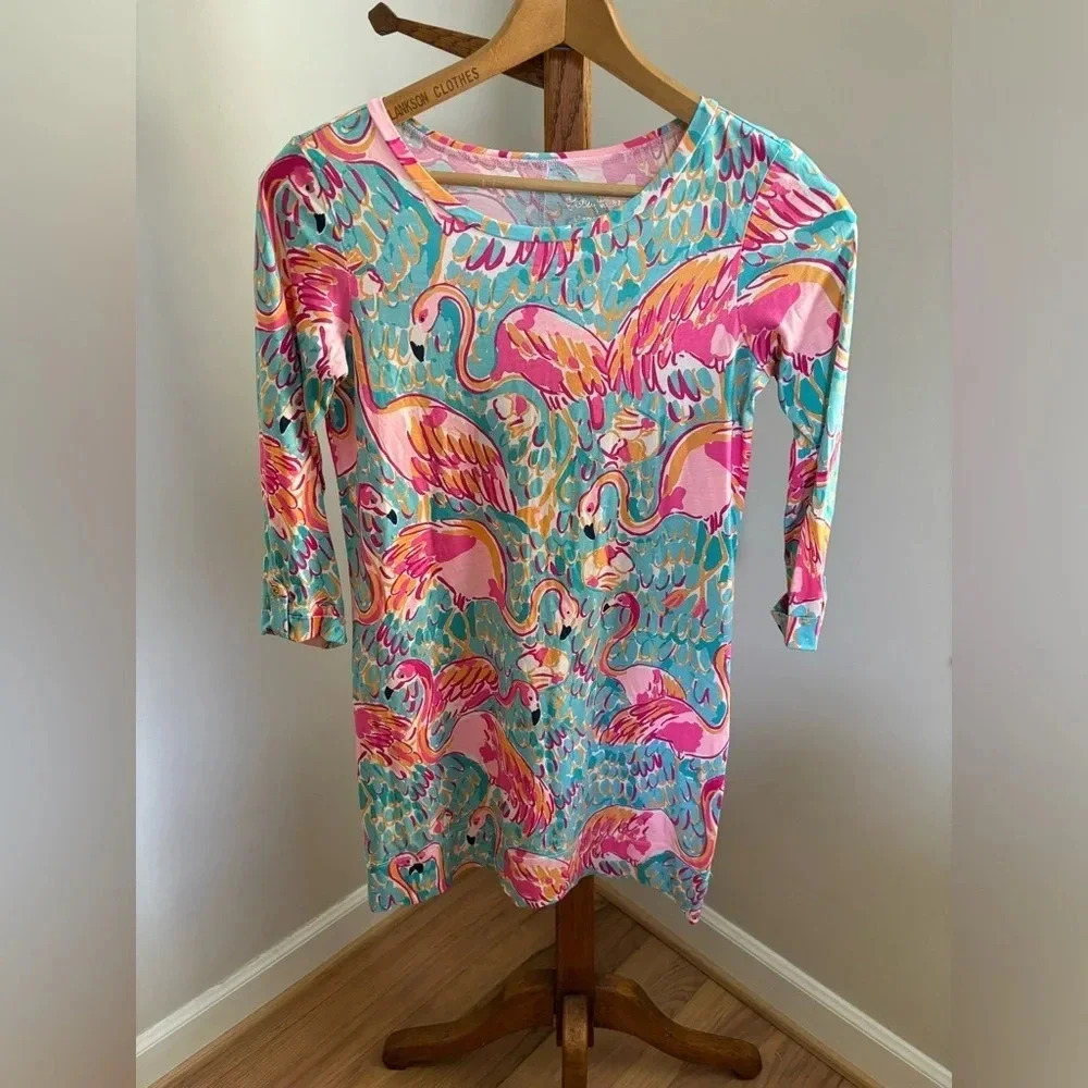 Lilly Pulitzer XS Flamingo Print Pima Cotton 3/4 Sleeve Dress